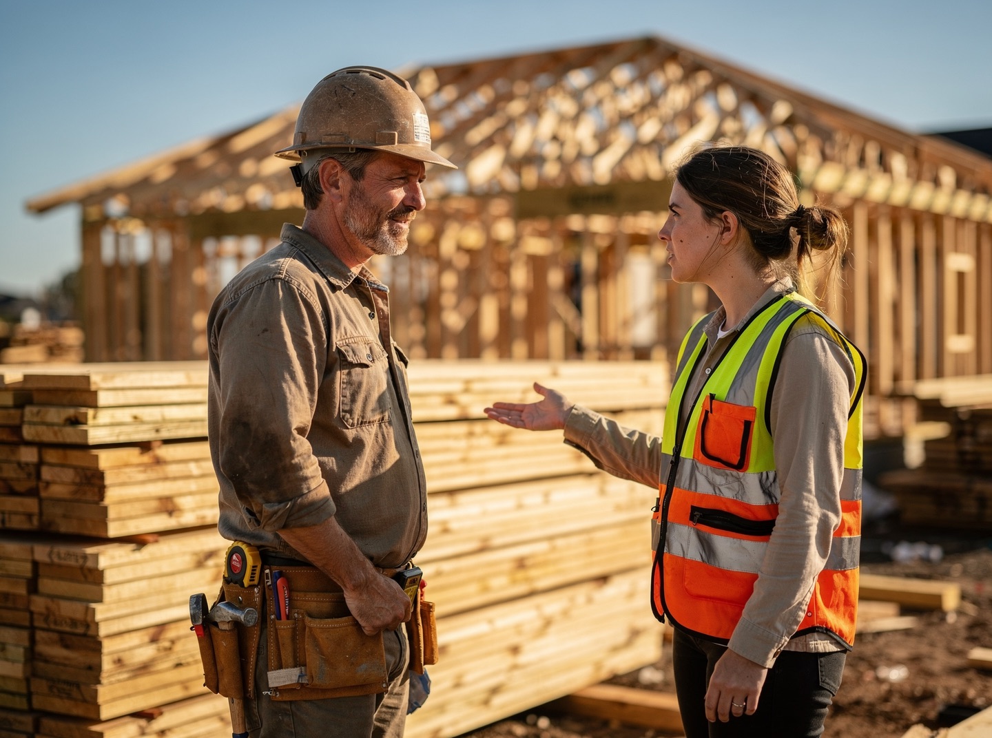 A builder and a site supervisor talk beside a half-built wood frame house