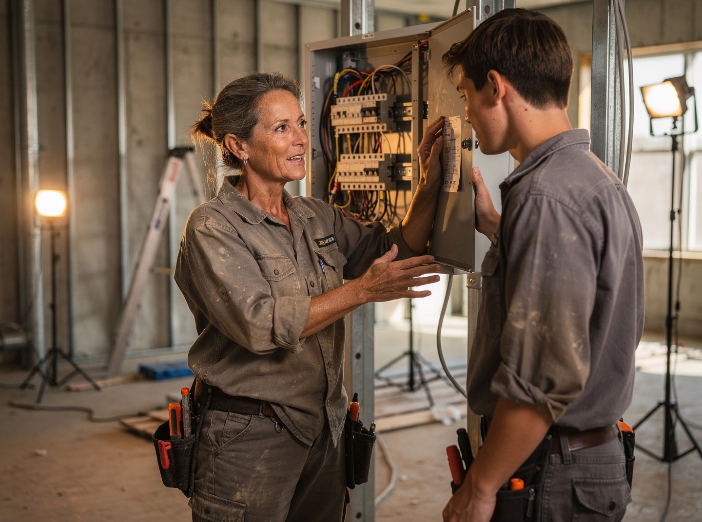 An electrician walks an apprentice through an open electrical panel