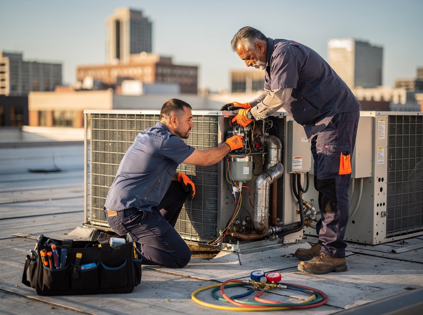 An HVAC lead tech and a technician work on a rooftop unit together