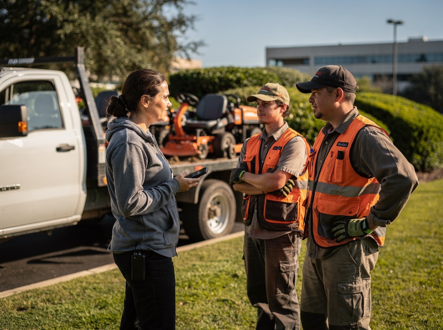 A landscaping crew leader talks with her crew beside a work truck and trailer