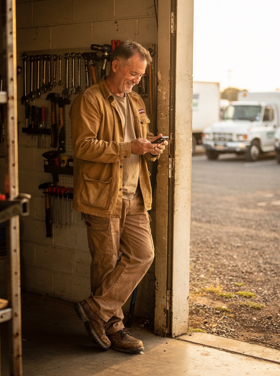 A trades company owner smiles at his phone, leaning in the open doorway of his shop