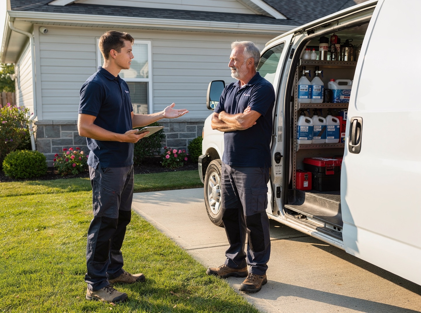 A young pest control technician talks with his supervisor beside a service van with its side door open