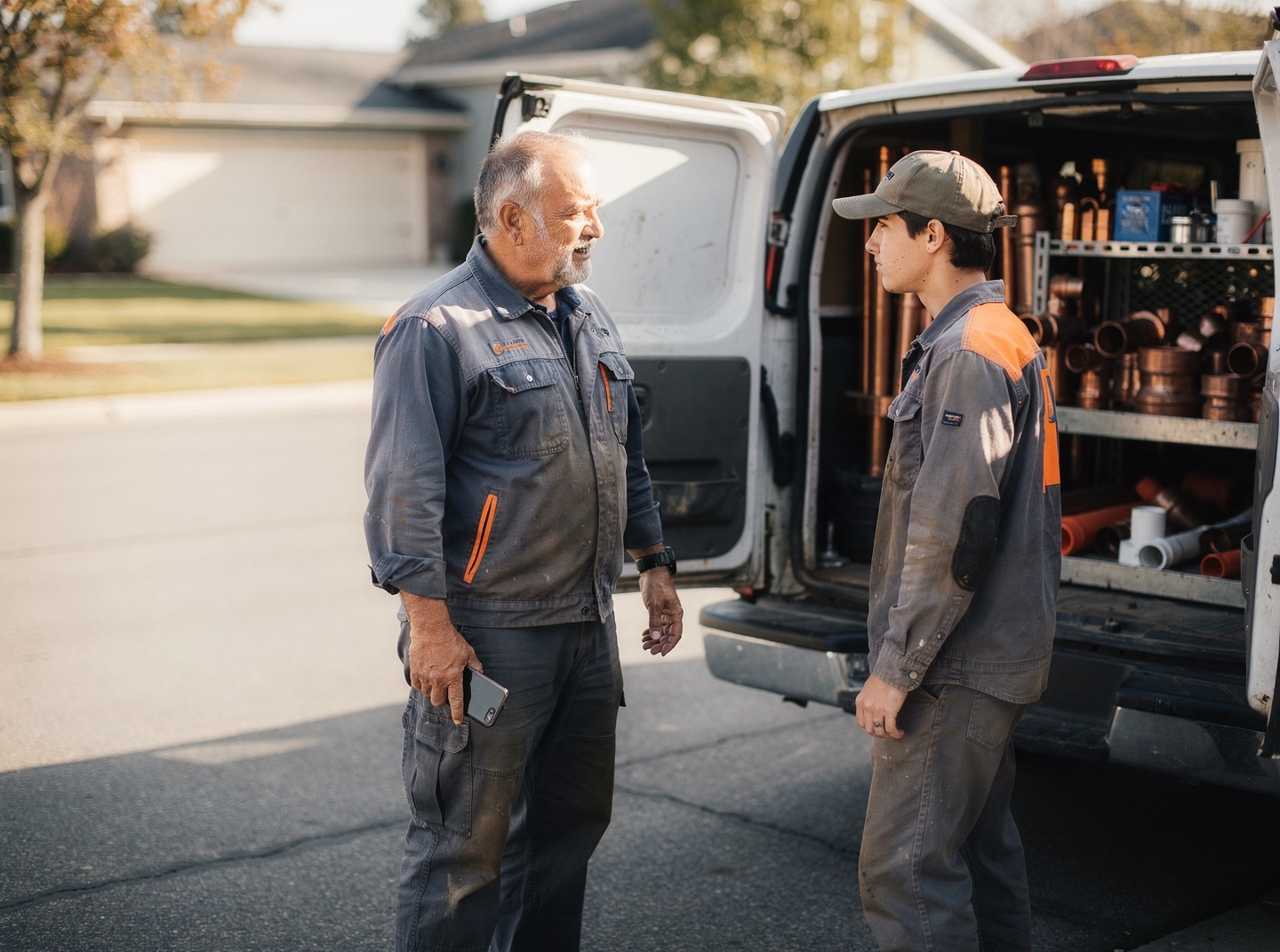 A plumbing foreman talks with a young plumber beside a service van