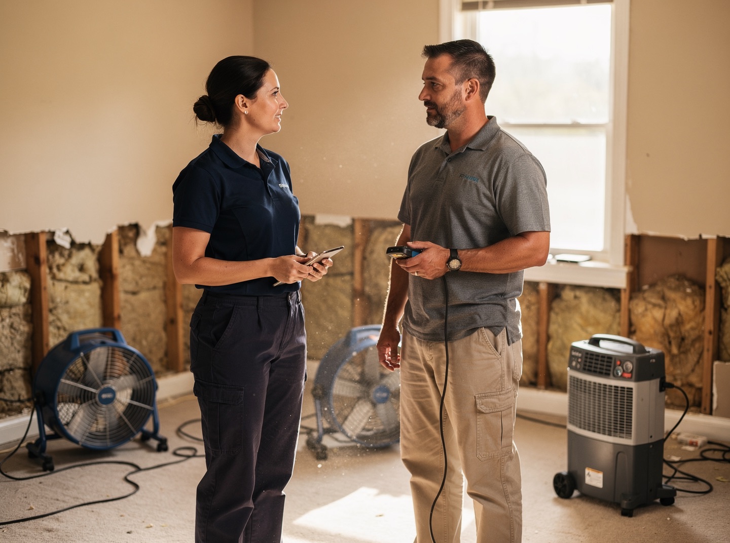 A restoration project manager talks with a technician in a room with the drywall cut away and drying equipment running