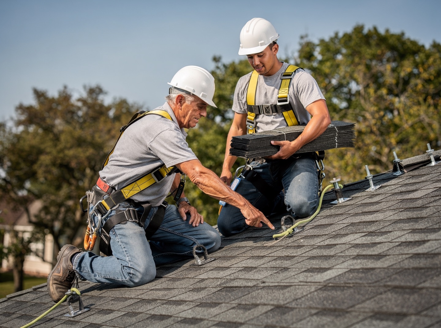 A veteran roofer points out a shingle row to a younger roofer, both tied off to roof anchors