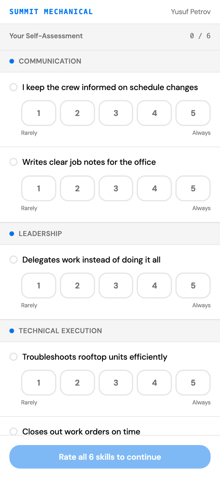 A field employee self-assessing their skills on their phone in FieldCon, no app or login required